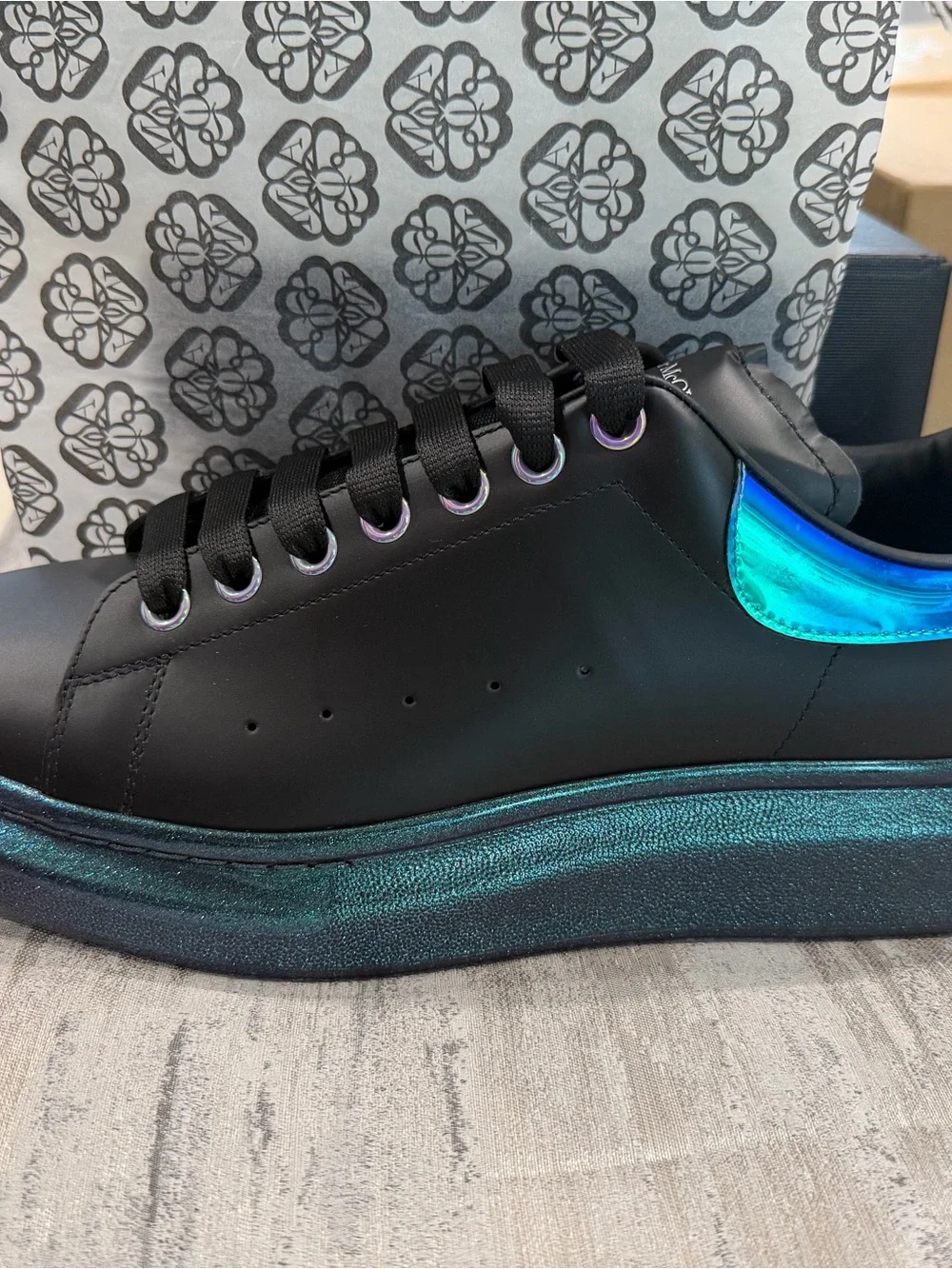 Alexander McQueen Black Sneakers with Iridescent Blue-Green Heel